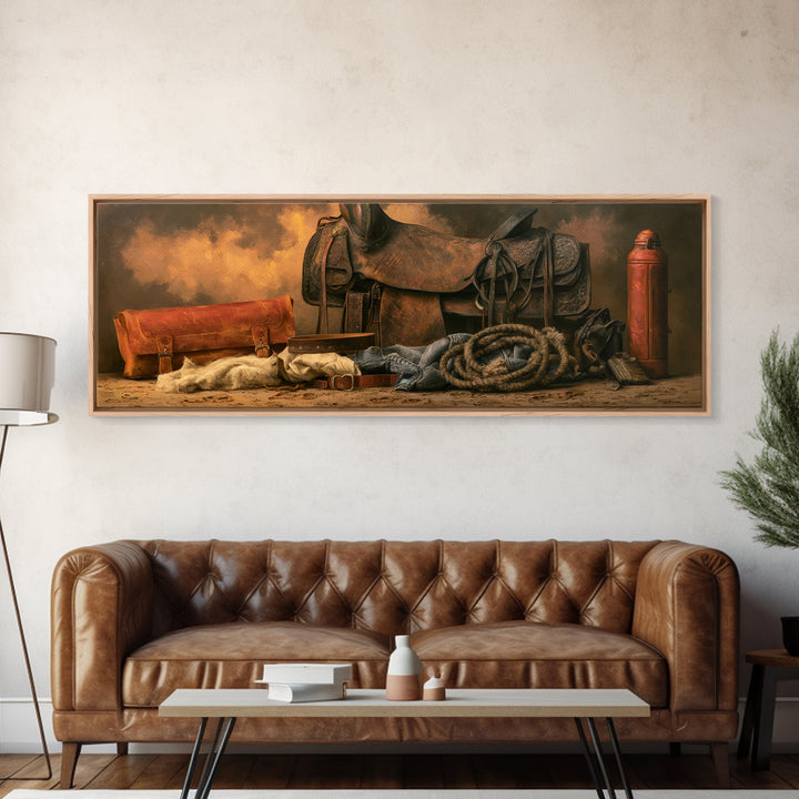 Stable Tools Arranged Like Old Master Still Framed Canvas Print, Equestrian Art, Large Wall Art, Living Room Decor, Equestrian, EQU-3x1-87
