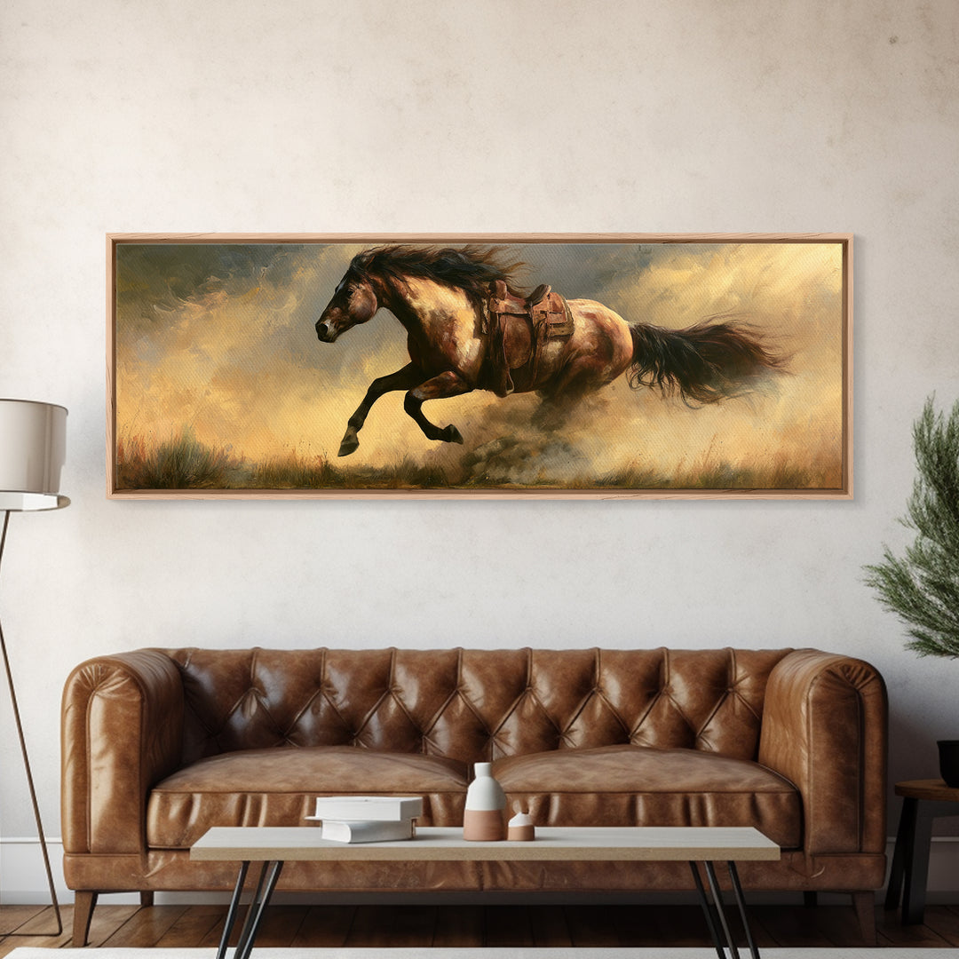 Galloping Horse in Golden Dust and Sunlight Canvas Print, Equestrian Art, Western Art, Living Room Decor, Equestrian, EQU-3x1-89