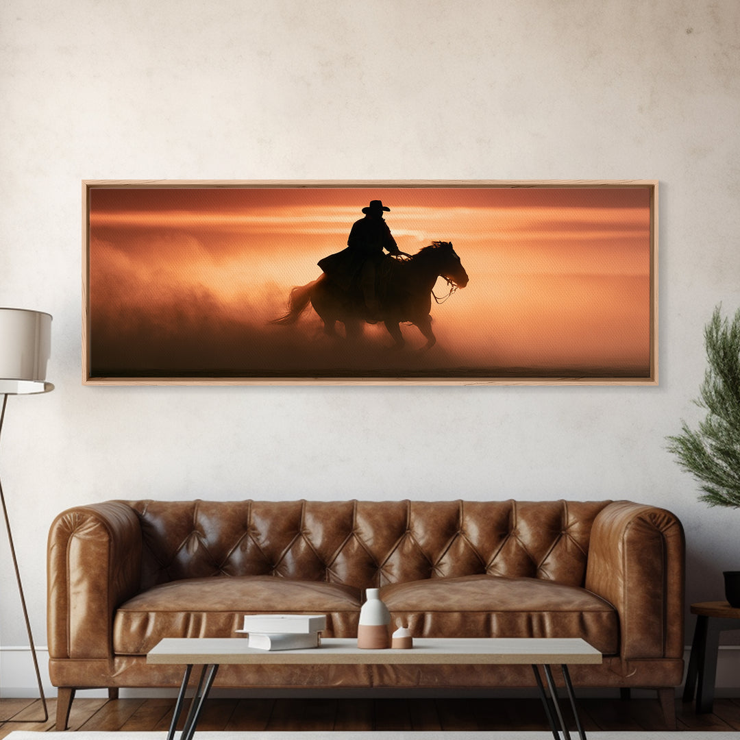 Equestrian Rider Silhouette at Sunrise Canvas Print, Equestrian Art, Room Decor, Living Room Decor, Fine Art, Equestrian, EQU-3x1-91