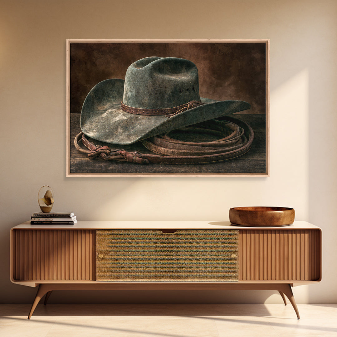 Cowgirl Hat and Reins Still Life Framed Canvas Print, Equestrian Art, Digital Print, Living Room Decor, Fine Art, Equestrian, EQU-3x2-15