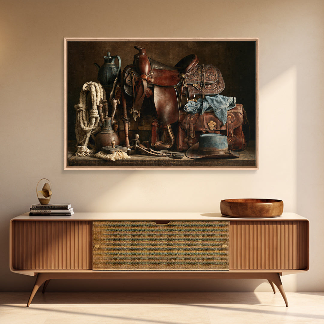 Stable Tools Arranged Like Old Master Still Canvas Print, Equestrian Art, Boho Wall Art, Living Room Decor, Equestrian, EQU-3x2-3