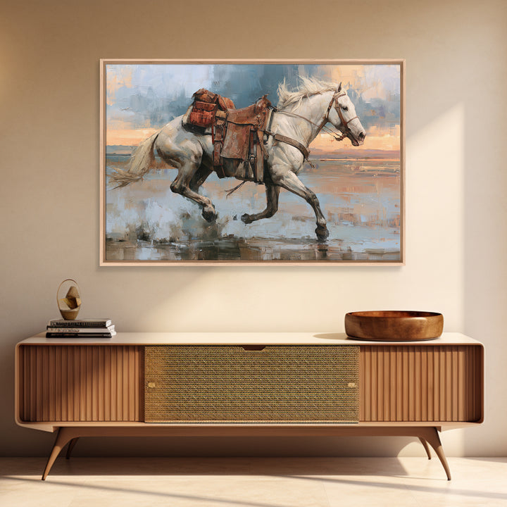 White Horse Running Through Shallow Water Canvas Print, Equestrian Art, Cabin Decor, Living Room Decor, Fine Art, Equestrian, EQU-3x2-33