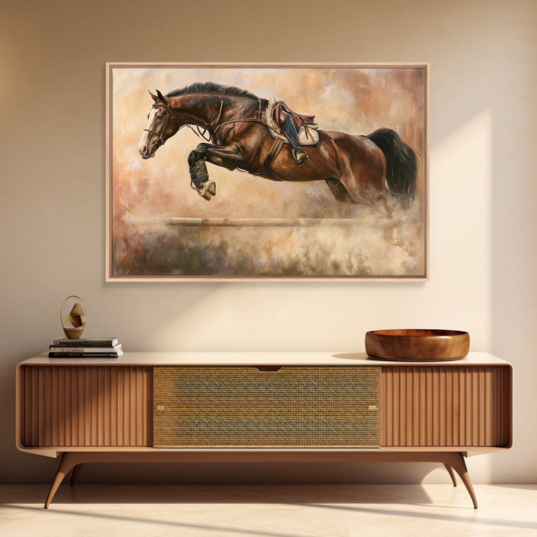 Show Jumping Horse Mid Leap Framed Canvas Print, Equestrian Art, Gallery Wall Art, Living Room Decor, Fine Art, Equestrian, EQU-3x2-35