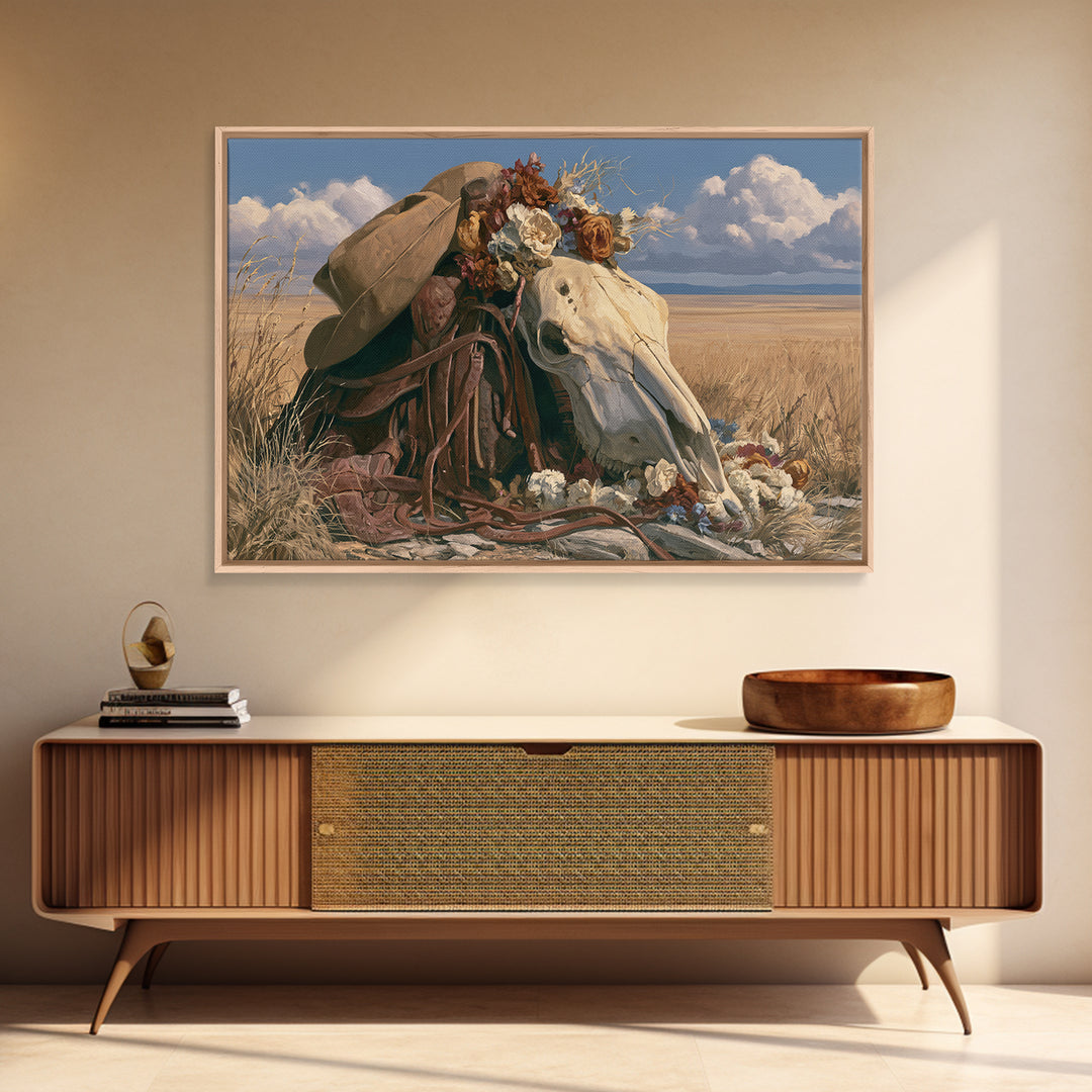 Horse Skull with Desert Flowers in Western Canvas Print, Equestrian Art, French Country Decor, Living Room Decor, Equestrian, EQU-3x2-49
