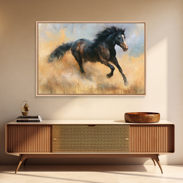 Galloping Horse in Golden Dust and Sunlight Canvas Print, Equestrian Art, Abstract Painting, Living Room Decor, Equestrian, EQU-3x2-5