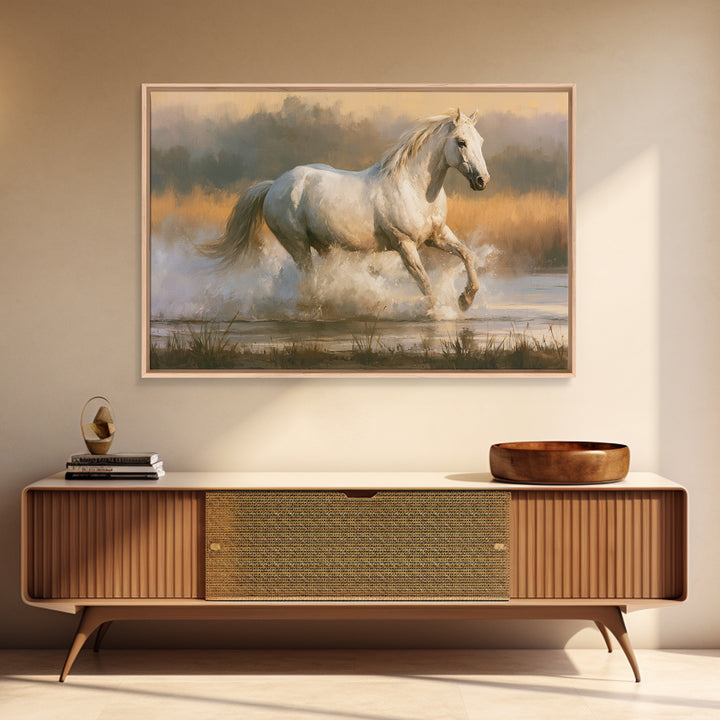White Horse Running Through Shallow Water Canvas Print, Equestrian Art, Cabin Decor, Living Room Decor, Fine Art, Equestrian, EQU-3x2-57