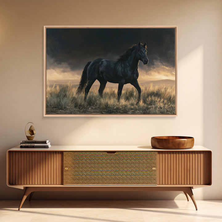 Black Horse Portrait on Deep Charcoal Background Canvas Print, Equestrian Art, Green Wall Art, Living Room Decor, Equestrian, EQU-3x2-78