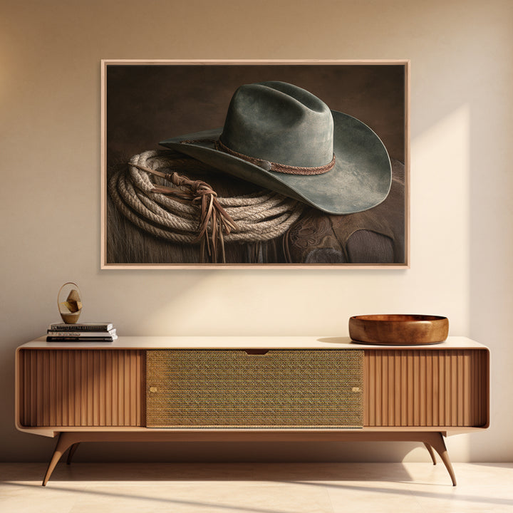 Cowgirl Hat and Reins Still Life Framed Canvas Print, Equestrian Art, Fine Art Print, Living Room Decor, Fine Art, Equestrian, EQU-3x2-87
