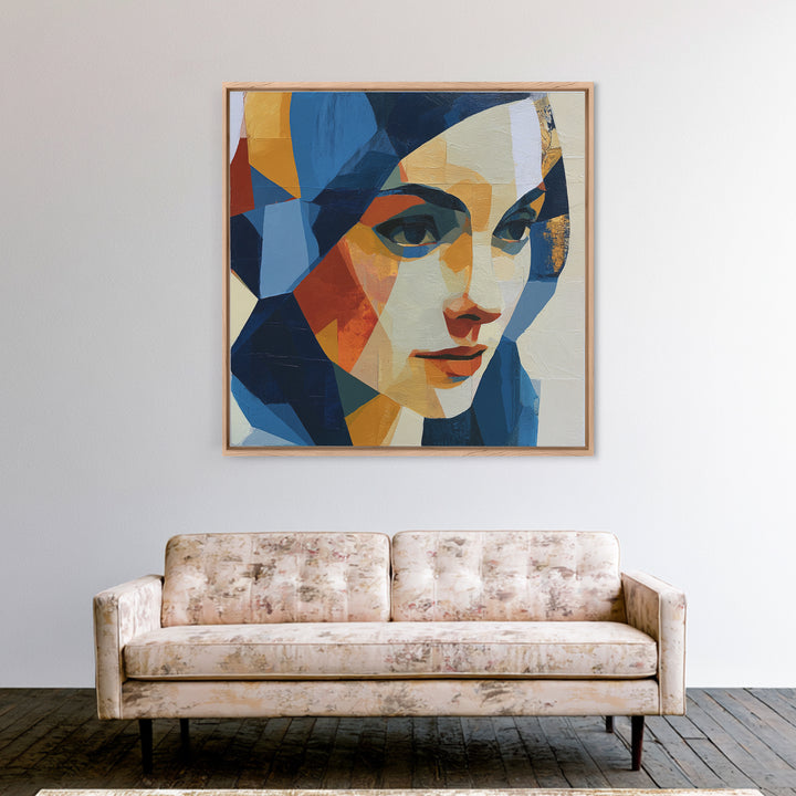 Woman in Blue with Dramatic Expressive Eyes Framed Canvas Print, Expressionist Art, Living Room Decor, Fine Art, Expression, EXP-1x1-16