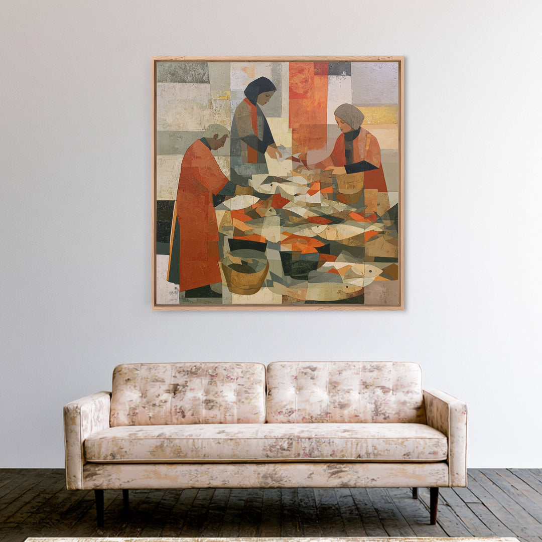 Fish Market Scene Framed Canvas Print, Expressionist Art, Minimalist Wall Art, Living Room Decor, Fine Art, Expression, EXP-1x1-46