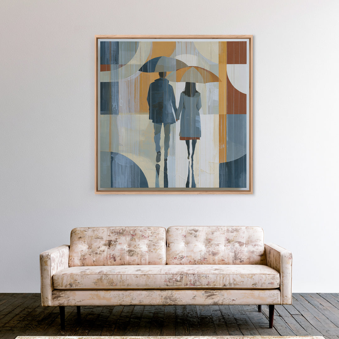 Couple Walking Through Rain Framed Canvas Print, Expressionist Art, Abstract Wall Art, Living Room Decor, Fine Art, Expression, EXP-1x1-47