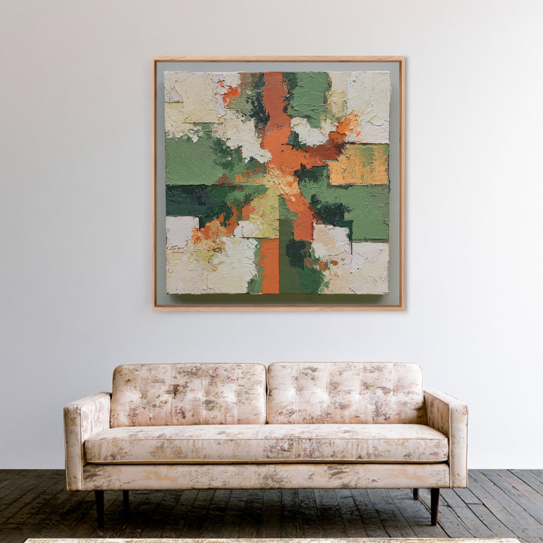 Garden Path with Thick Green and Orange Framed Canvas Print, Expressionist Art, Gallery Decor, Living Room Decor, Expression, EXP-1x1-62
