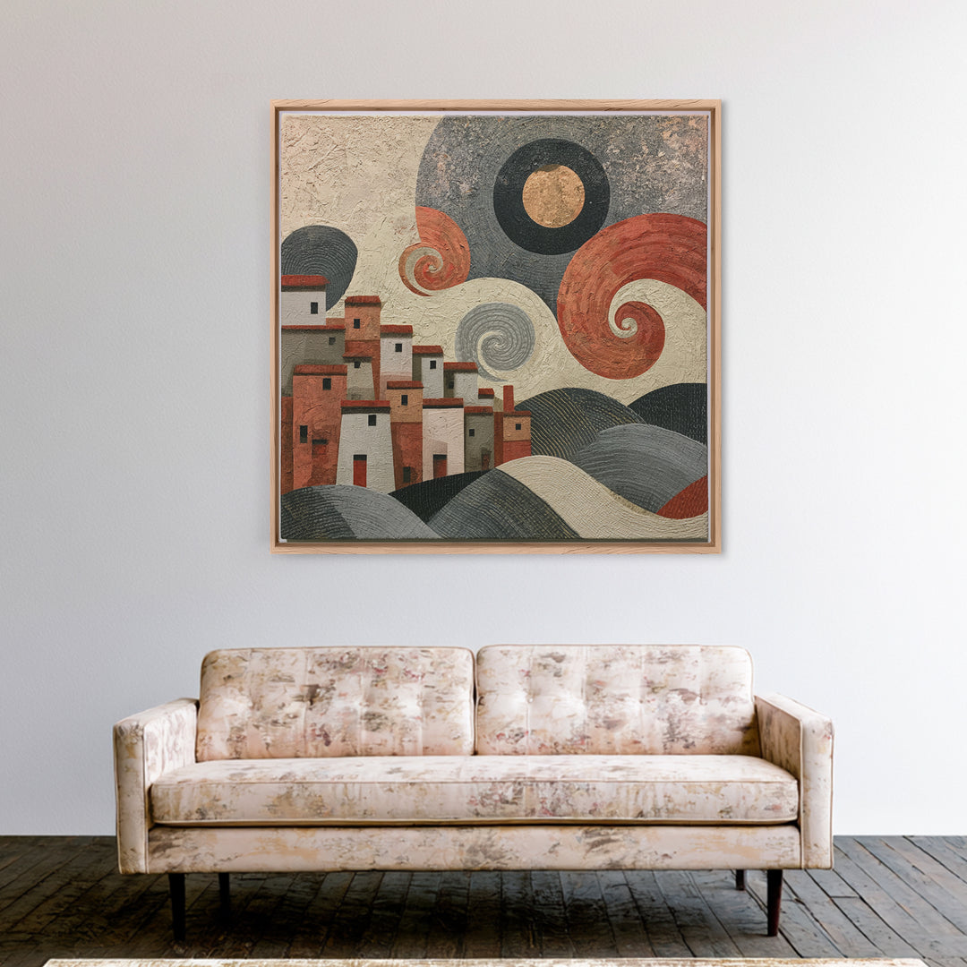 Moonlit Village with Swirling Unnatural Color Canvas Print, Expressionist Art, Moody Wall Art, Living Room Decor, Expression, EXP-1x1-84