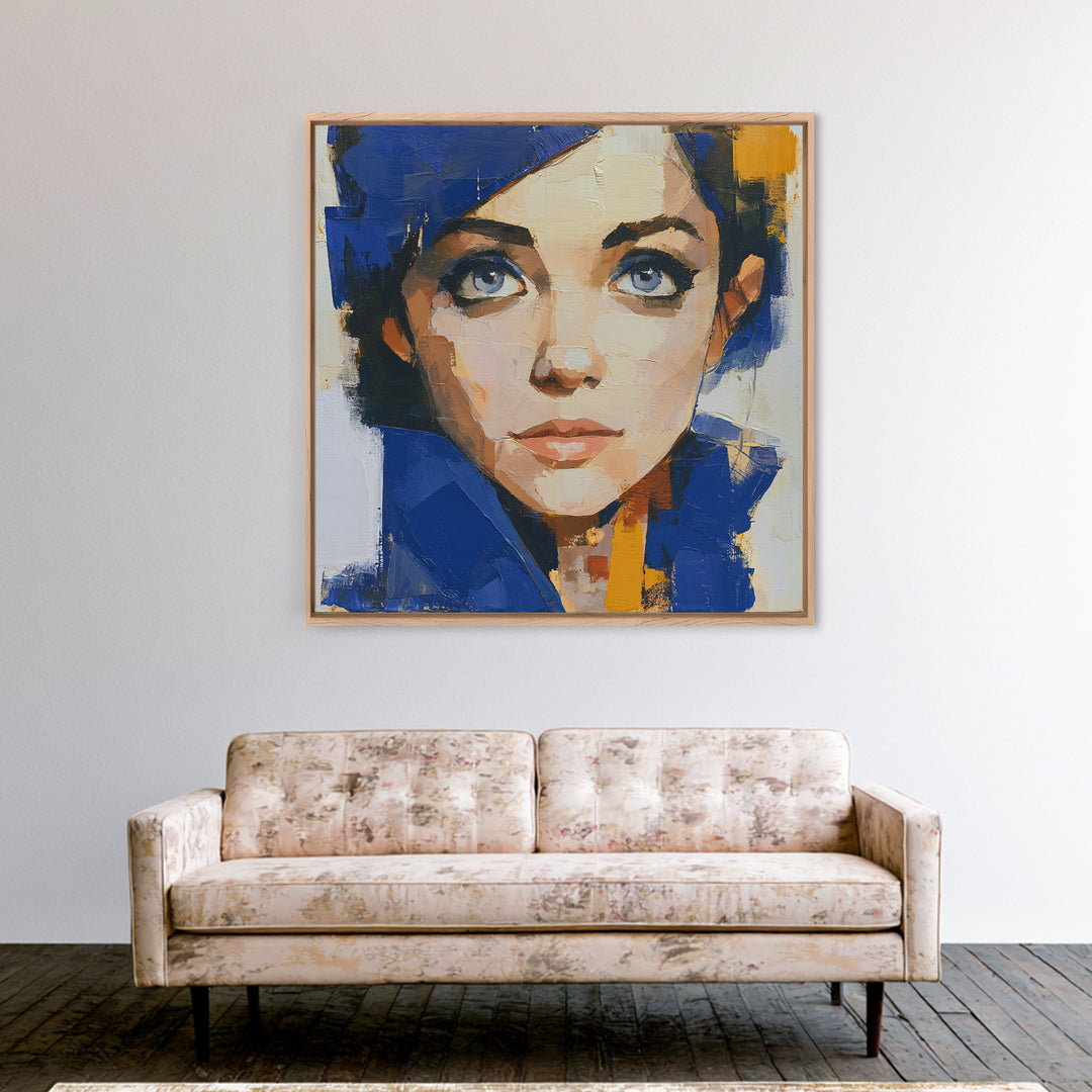 Woman in Blue with Dramatic Expressive Eyes Canvas Print, Expressionist Art, Minimalist Decor, Living Room Decor, Expression, EXP-1x1-88