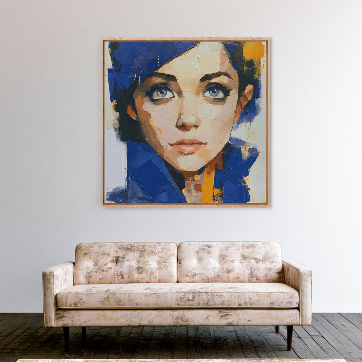 Woman in Blue with Dramatic Expressive Eyes Canvas Print, Expressionist Art, Minimalist Decor, Living Room Decor, Expression, EXP-1x1-88