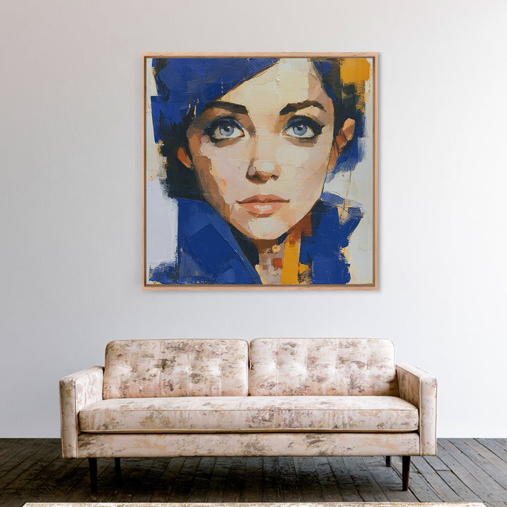 Woman in Blue with Dramatic Expressive Eyes Canvas Print, Expressionist Art, Minimalist Decor, Living Room Decor, Expression, EXP-1x1-88