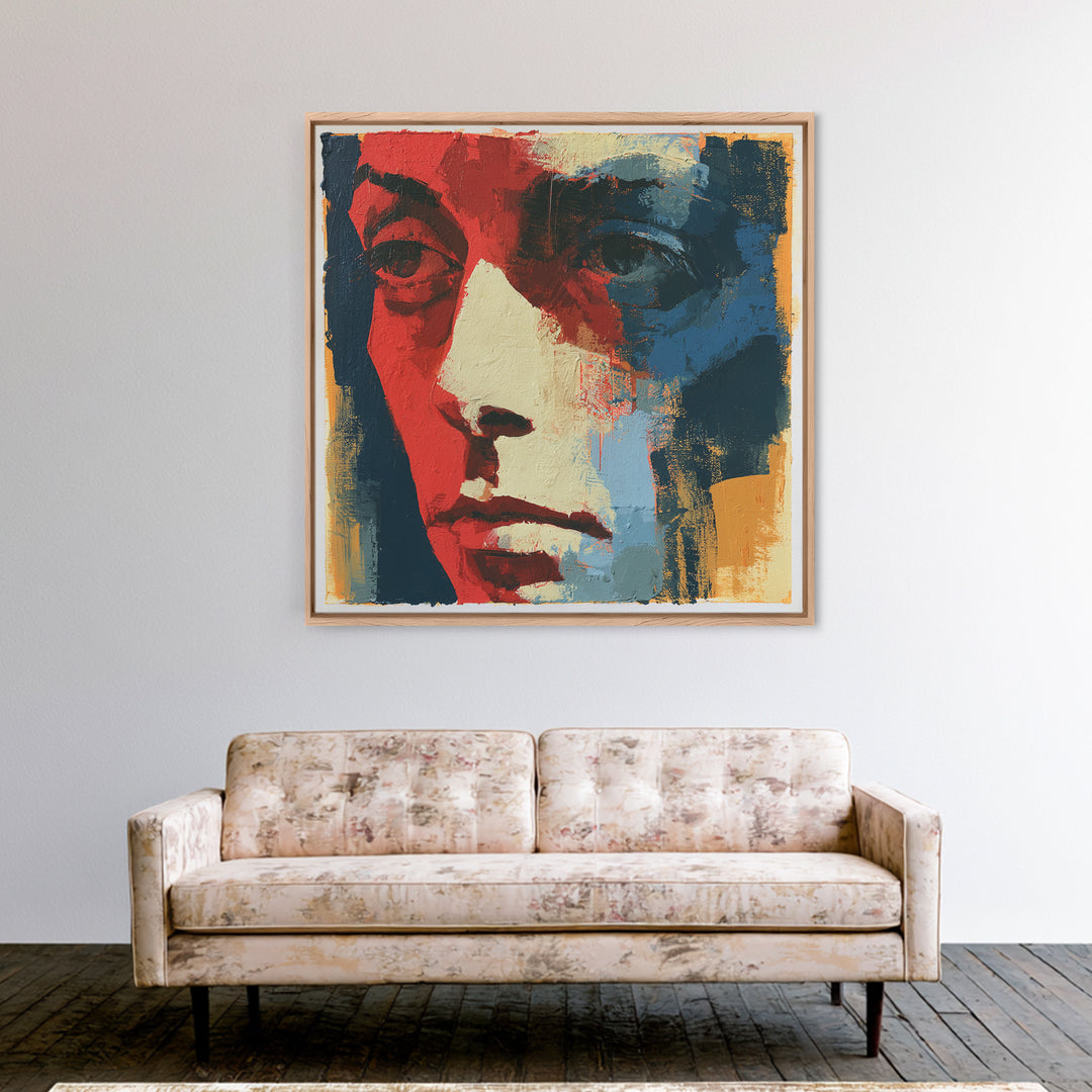 Emotional Portrait with Bold Red and Blue Canvas Print, Expressionist Art, Textured Painting, Living Room Decor, Expression, EXP-1x1-98