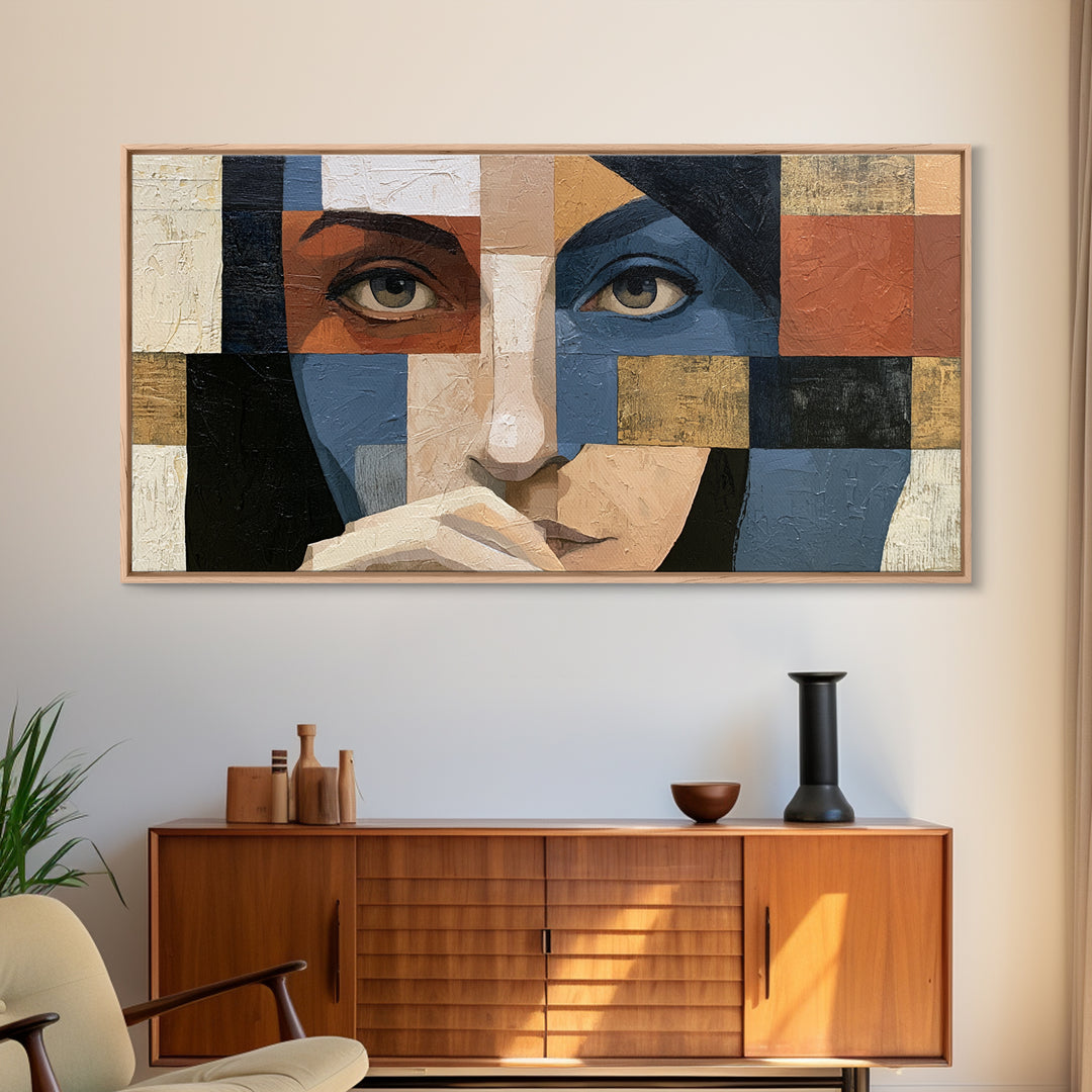 Woman in Blue with Dramatic Expressive Eyes Canvas Print, Expressionist Art, Room Decor, Living Room Decor, Expression, EXP-2x1-12