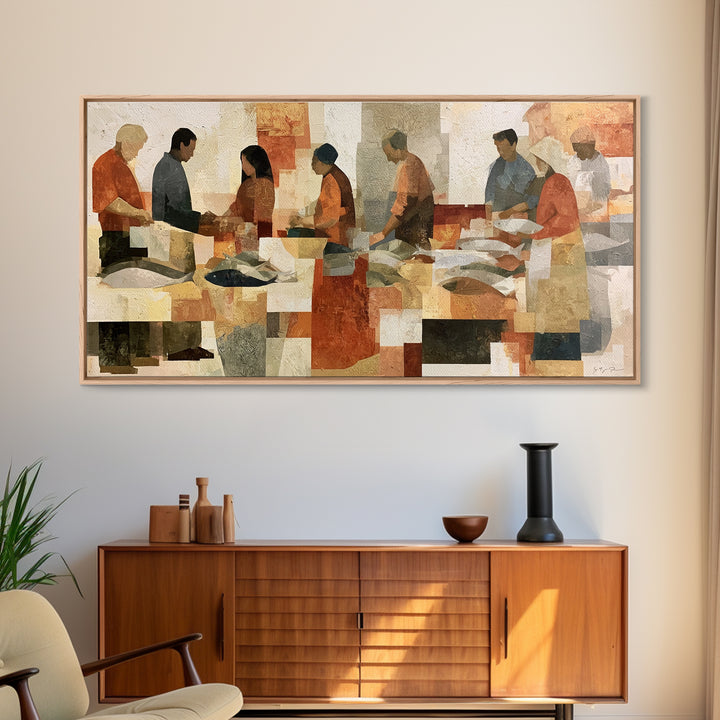 Fish Market Scene Framed Canvas Print, Expressionist Art, Room Decor, Living Room Decor, Abstract Art, Expression, EXP-2x1-18