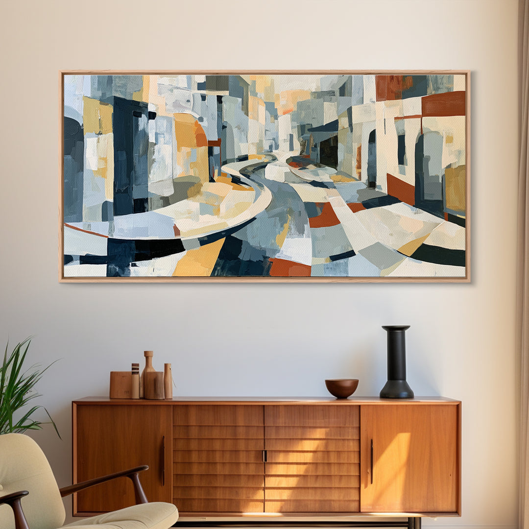 Distorted City Street Framed Canvas Print, Expressionist Art, Abstract Art, Living Room Decor, Expression, Blue Wall Art, EXP-2x1-45
