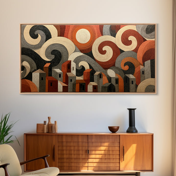 Moonlit Village with Swirling Unnatural Color Framed Canvas Print, Expressionist Art, Art Print, Living Room Decor, Expression, EXP-2x1-56