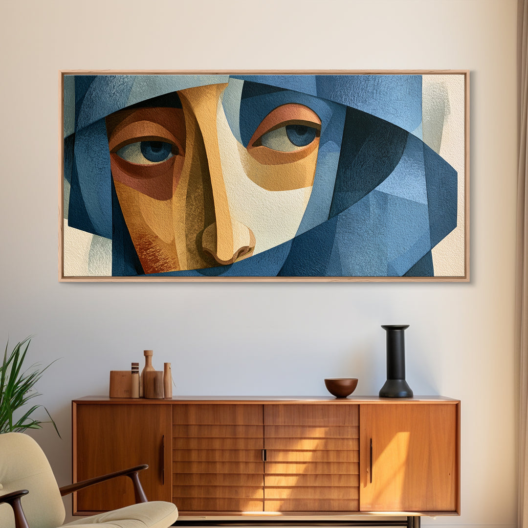 Woman in Blue with Dramatic Expressive Eyes Framed Canvas Print, Expressionist Art, Digital Art, Living Room Decor, Expression, EXP-2x1-60
