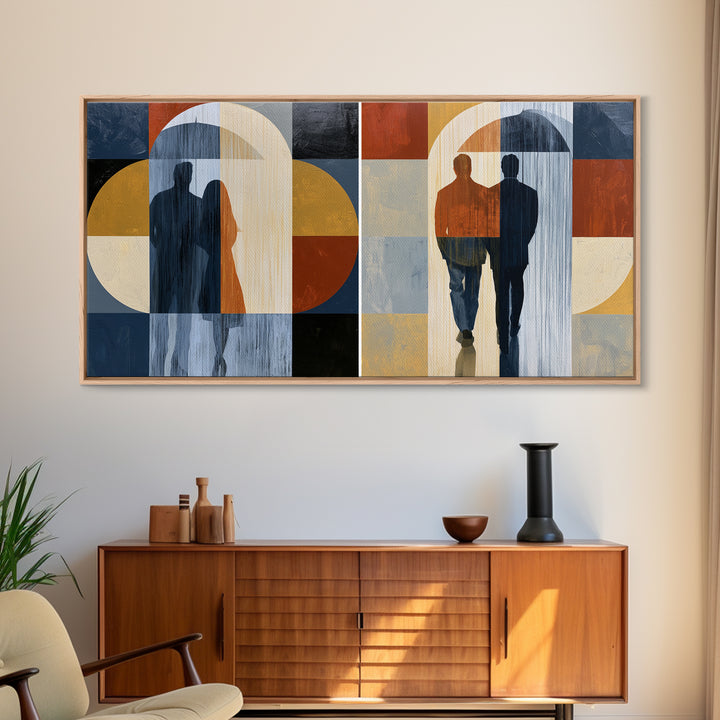 Couple Walking Through Rain Framed Canvas Print, Expressionist Art, Large Wall Art, Living Room Decor, Fine Art, Expression, EXP-2x1-91