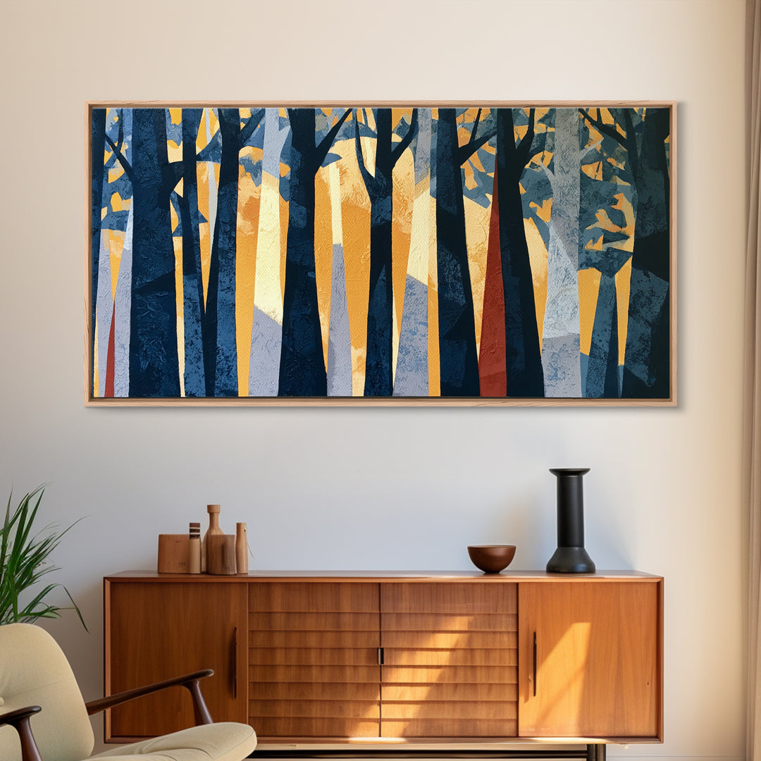 Dark Forest with Angular Trees and Yellow Canvas Print, Expressionist Art, Original Painting, Living Room Decor, Expression, EXP-2x1-98