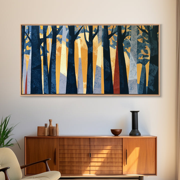 Dark Forest with Angular Trees and Yellow Canvas Print, Expressionist Art, Original Painting, Living Room Decor, Expression, EXP-2x1-98