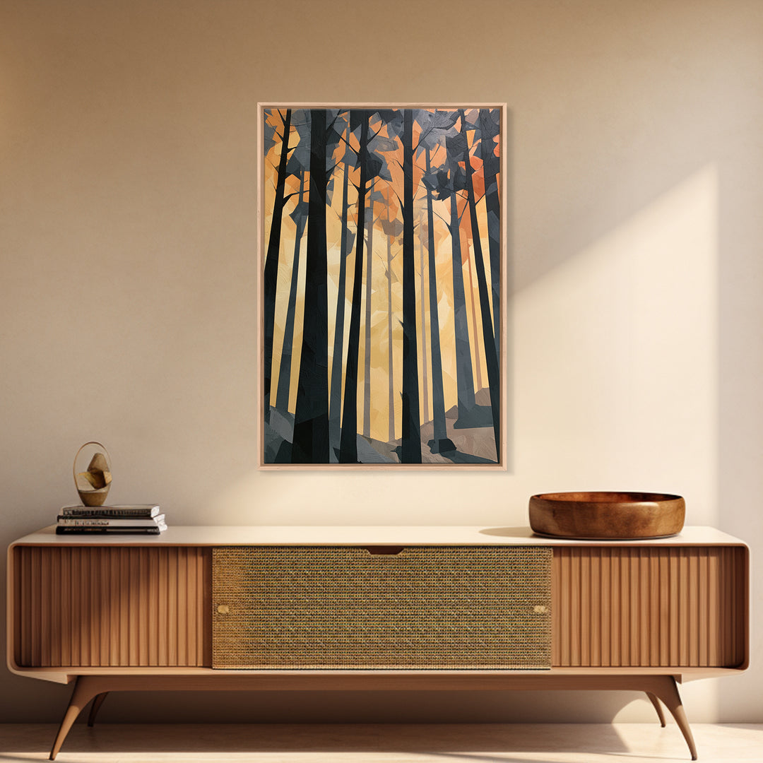 Dark Forest with Angular Trees and Yellow Canvas Print, Expressionist Art, Living Room Decor, Expression, Moody Wall Art, EXP-2x3-38