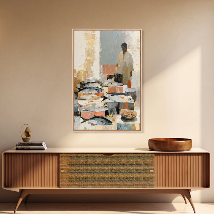 Fish Market Scene Framed Canvas Print, Expressionist Art, Minimalist Decor, Living Room Decor, Fine Art, Expression, EXP-2x3-6