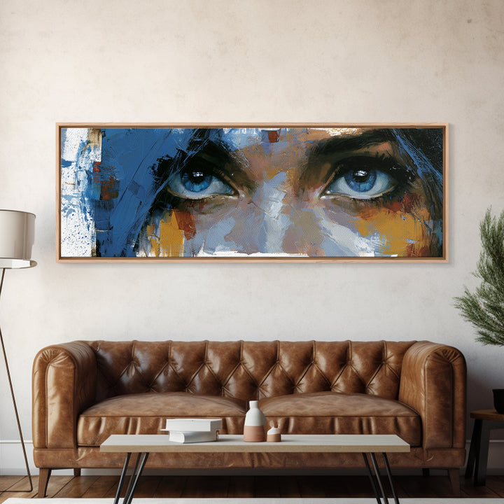 Woman in Blue with Dramatic Expressive Eyes Canvas Print, Expressionist Art, Colorful Wall Art, Living Room Decor, Expression, EXP-3x1-32
