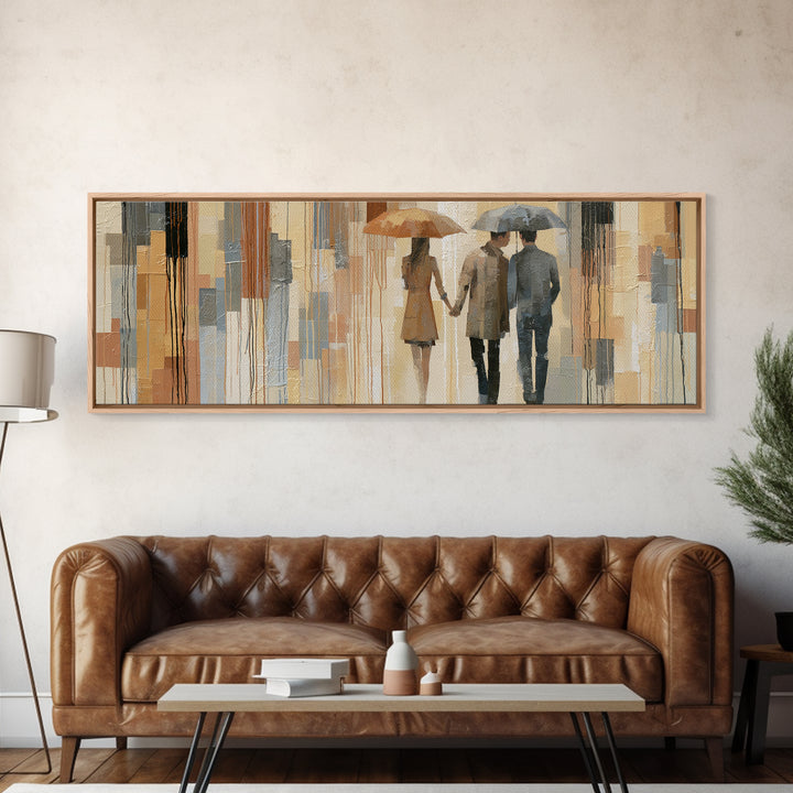 Couple Walking Through Rain Framed Canvas Print, Expressionist Art, Large Wall Art, Living Room Decor, Fine Art, Expression, EXP-3x1-87