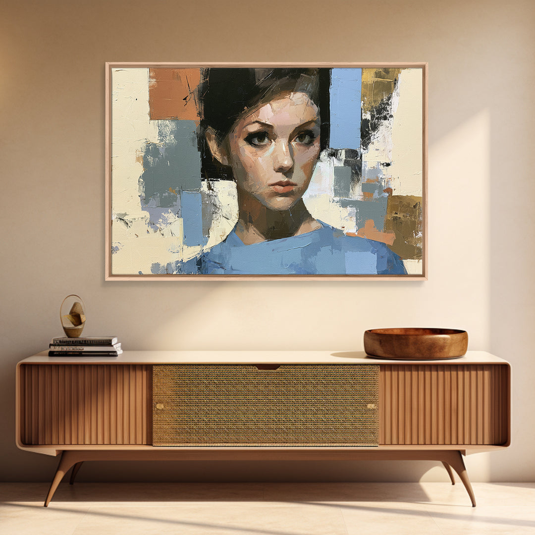 Woman in Blue with Dramatic Expressive Eyes Canvas Print, Expressionist Art, Colorful Wall Art, Living Room Decor, Expression, EXP-3x2-44