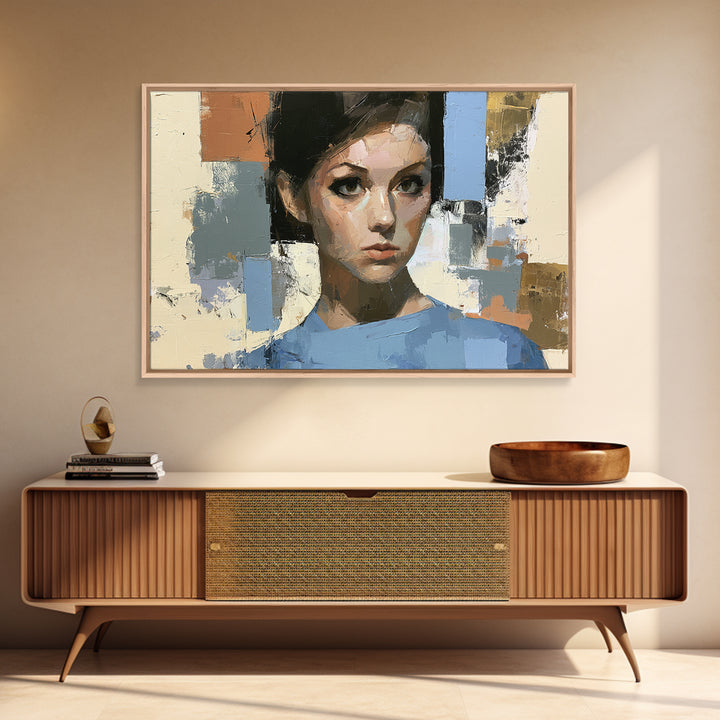 Woman in Blue with Dramatic Expressive Eyes Canvas Print, Expressionist Art, Colorful Wall Art, Living Room Decor, Expression, EXP-3x2-44