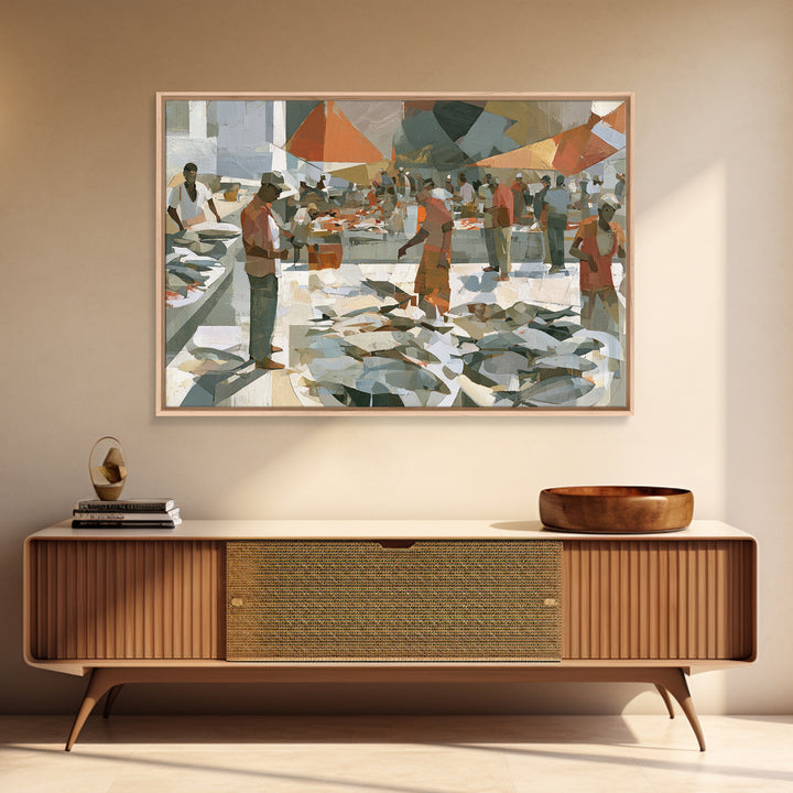 Fish Market Scene Framed Canvas Print, Expressionist Art, Modern Wall Art, Living Room Decor, Expression, Fine Art Print, EXP-3x2-50