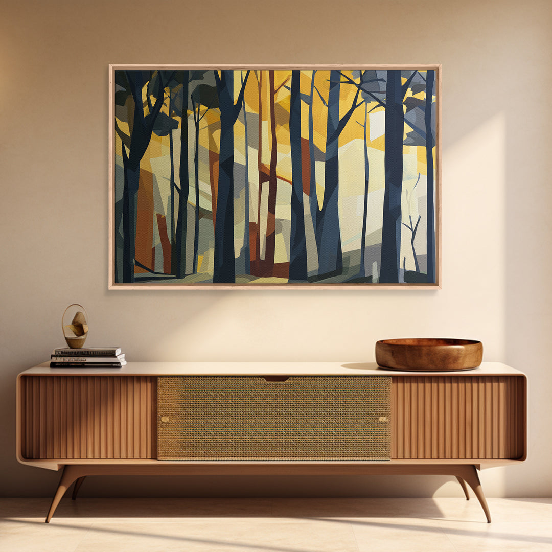 Dark Forest with Angular Trees and Yellow Canvas Print, Expressionist Art, Abstract Painting, Living Room Decor, Expression, EXP-3x2-58
