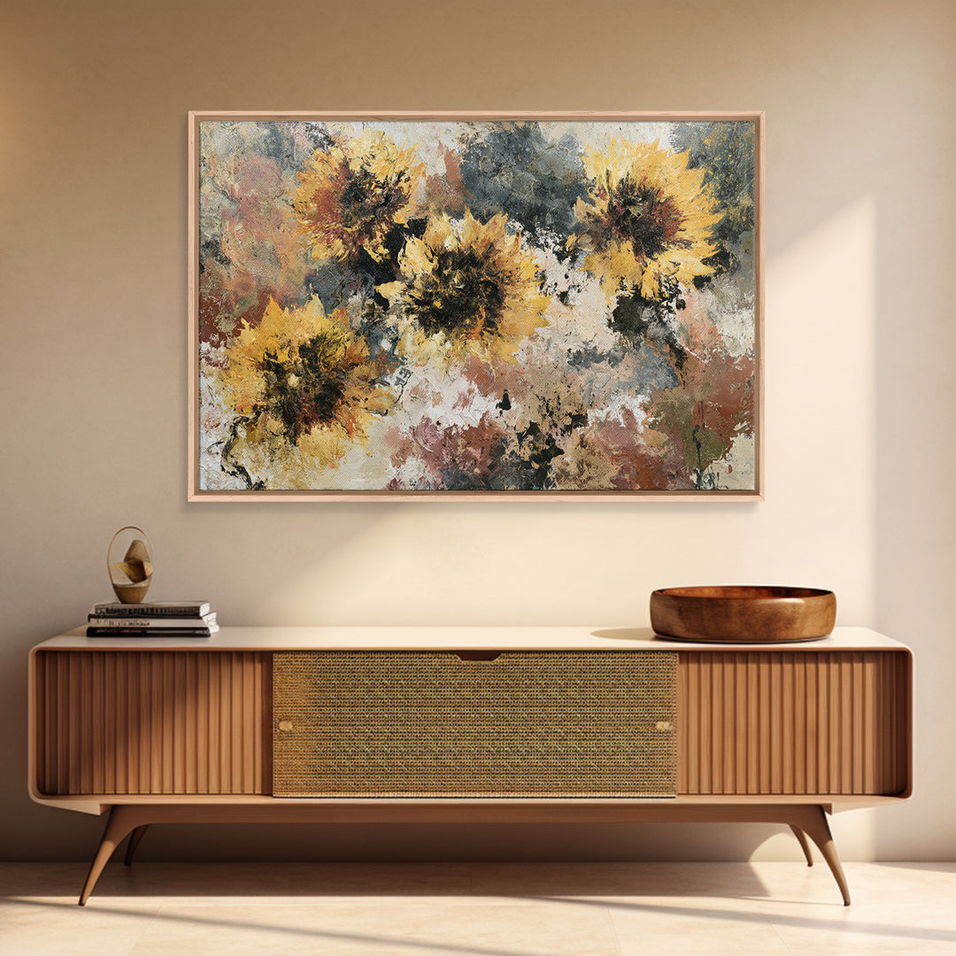 Sunflowers Twisting in Intense Painted Energy Canvas Print, Expressionist Art, Textured Painting, Living Room Decor, Expression, EXP-3x2-60