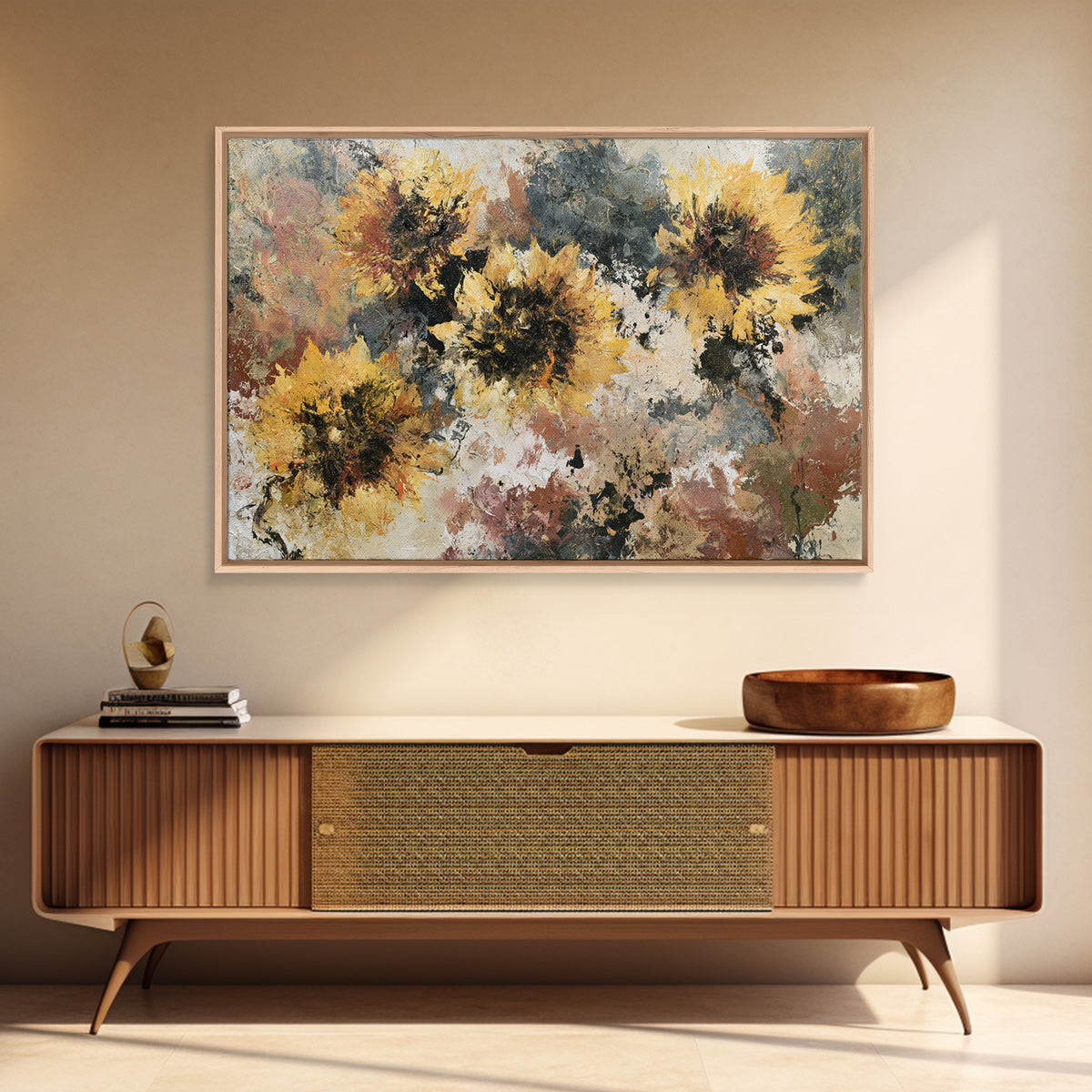 Sunflowers Twisting in Intense Painted Energy Canvas Print, Expressionist Art, Textured Painting, Living Room Decor, Expression, EXP-3x2-60