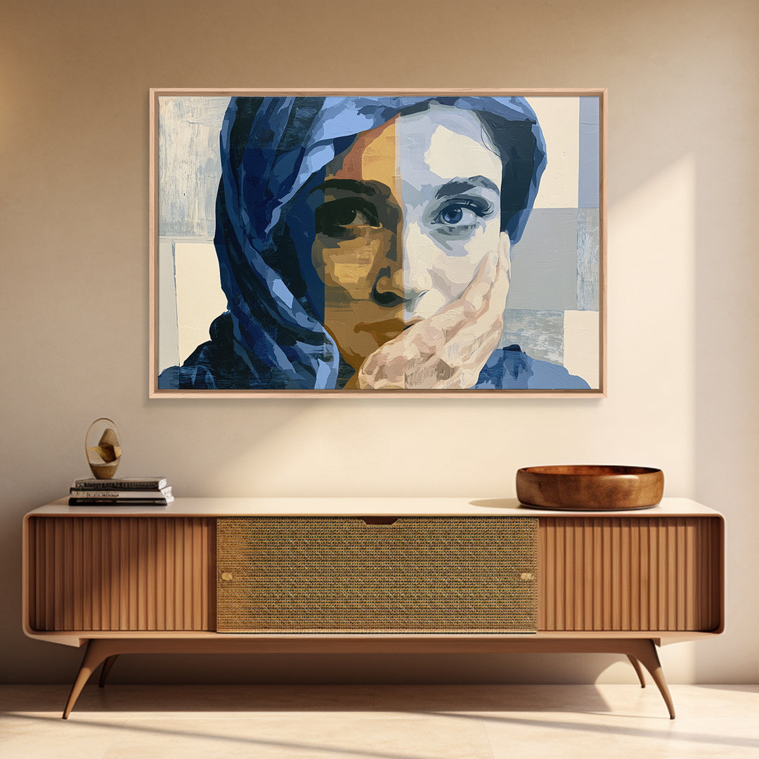 Woman in Blue with Dramatic Expressive Eyes Framed Canvas Print, Expressionist Art, Painting, Living Room Decor, Expression, EXP-3x2-92