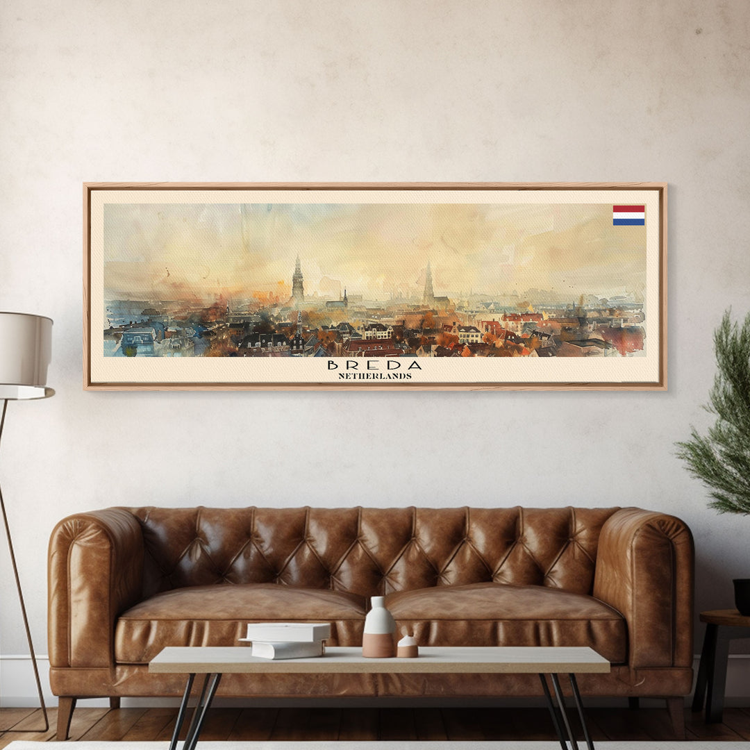 Breda Netherlands Panoramic Travel Poster, Framed Canvas Print or Metal Wall Art, Travel Art, Home Decor, Panoramic Painting, Midcentury Art