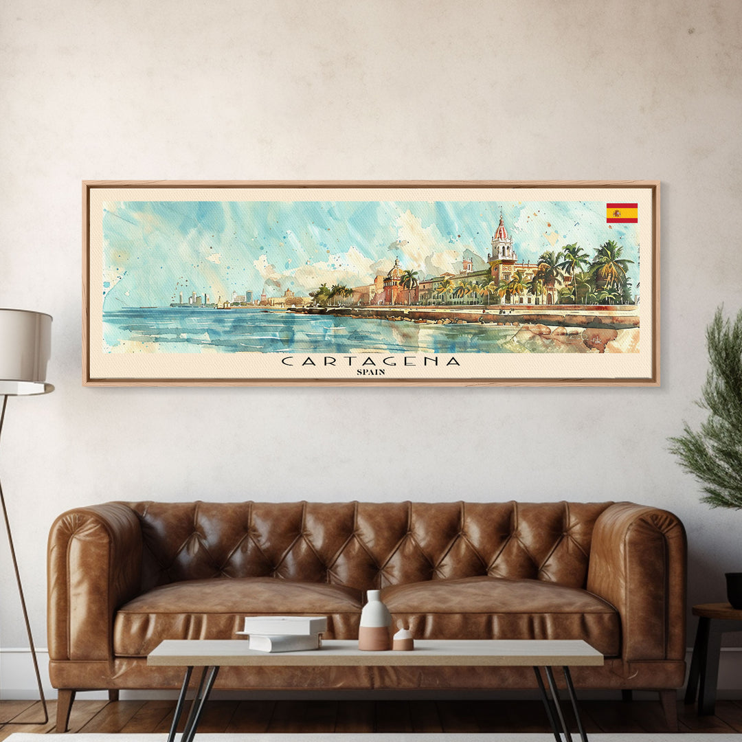 Cartagena Spain Panoramic Travel Poster, Framed Canvas Print or Metal Wall Art, Travel Art, Home Decor, Panoramic Painting, Midcentury Art