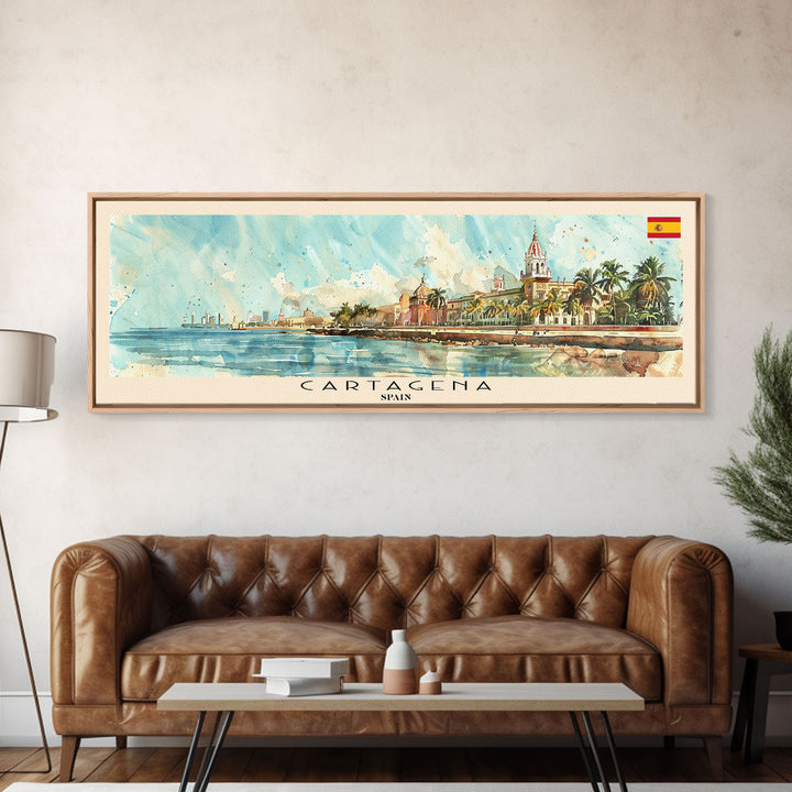 Cartagena Spain Panoramic Travel Poster, Framed Canvas Print or Metal Wall Art, Travel Art, Home Decor, Panoramic Painting, Midcentury Art