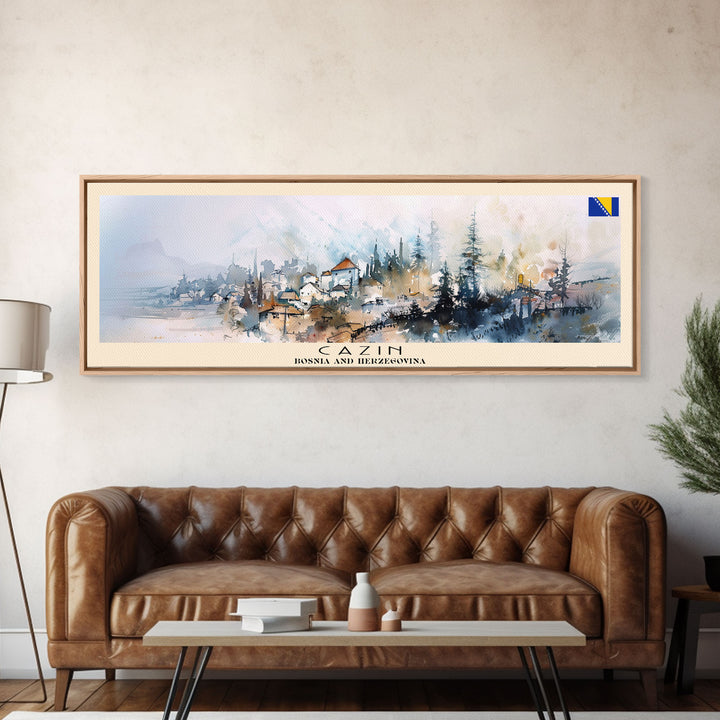 Cazin Bosnia Travel Art, City Art, Framed Canvas Print or Metal Wall Art, Europe Travel Poster, Panoramic Wall Art, Extra Wide Wall Art
