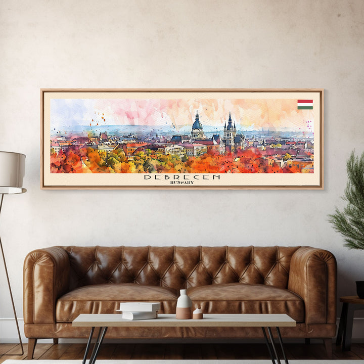 Debrecen Hungary Panoramic Travel Poster, Framed Canvas Print or Metal Wall Art, Travel Art, Home Decor, Panoramic Painting, Midcentury Art