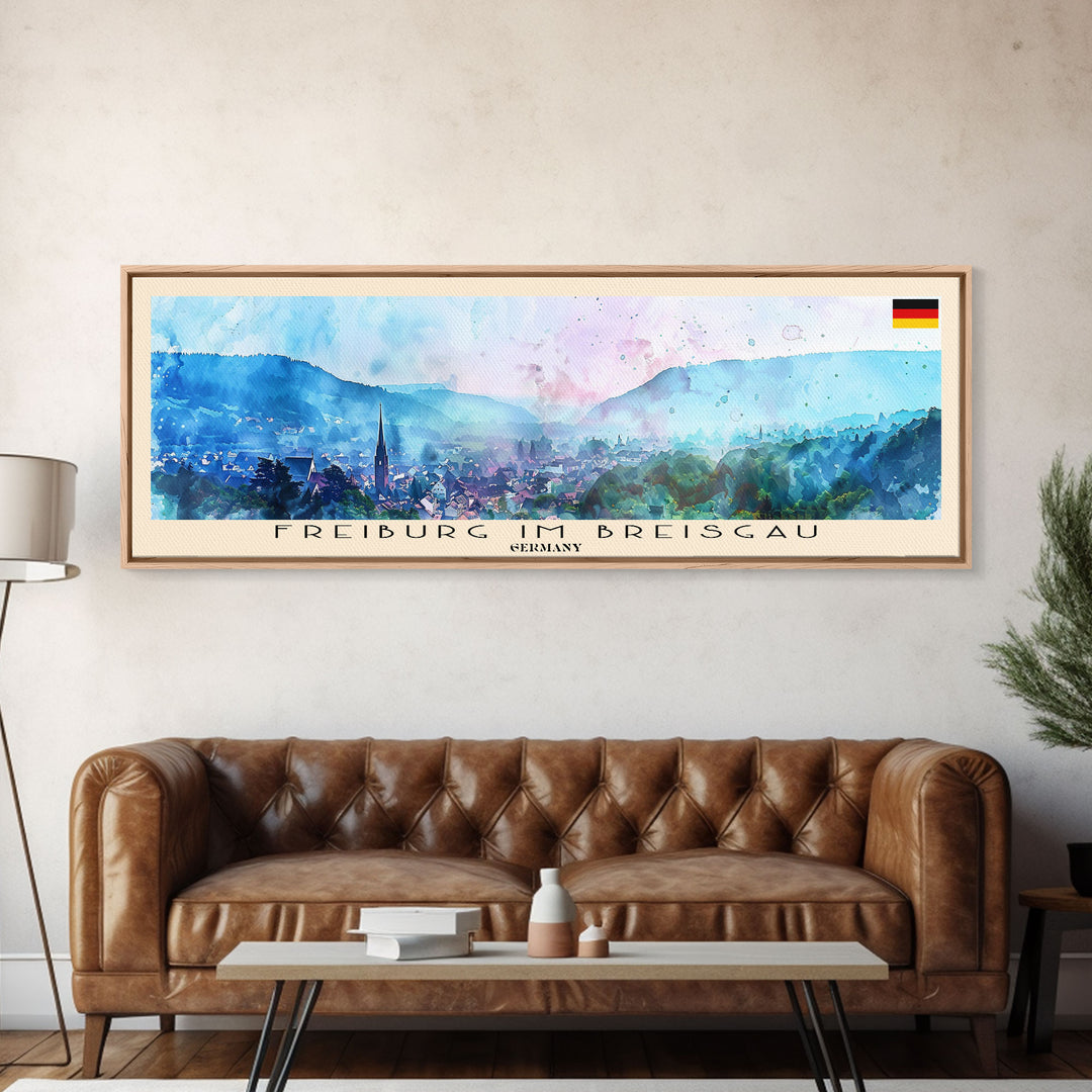 Freiburg Germany Panoramic Travel Poster, Framed Canvas Print or Metal Wall Art, Travel Art, Home Decor, Panoramic Painting, Midcentury Art