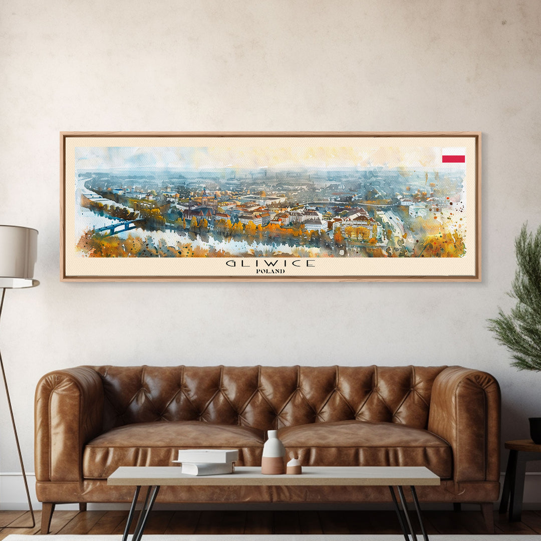 Gliwice Poland Panoramic Travel Poster, Framed Canvas Print or Metal Wall Art, Travel Art, Home Decor, Panoramic Painting, Midcentury Art