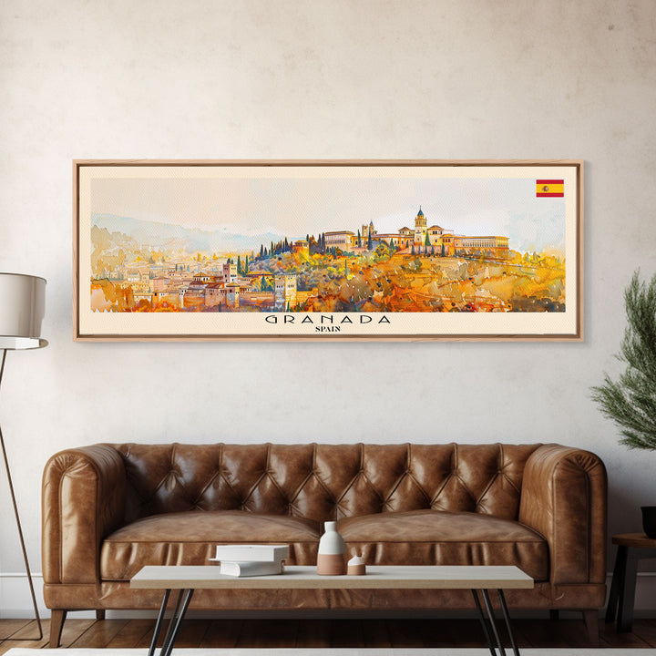 Granada Spain Panoramic Travel Poster, Framed Canvas Print or Metal Wall Art, Travel Art, Home Decor, Panoramic Painting, Midcentury Art