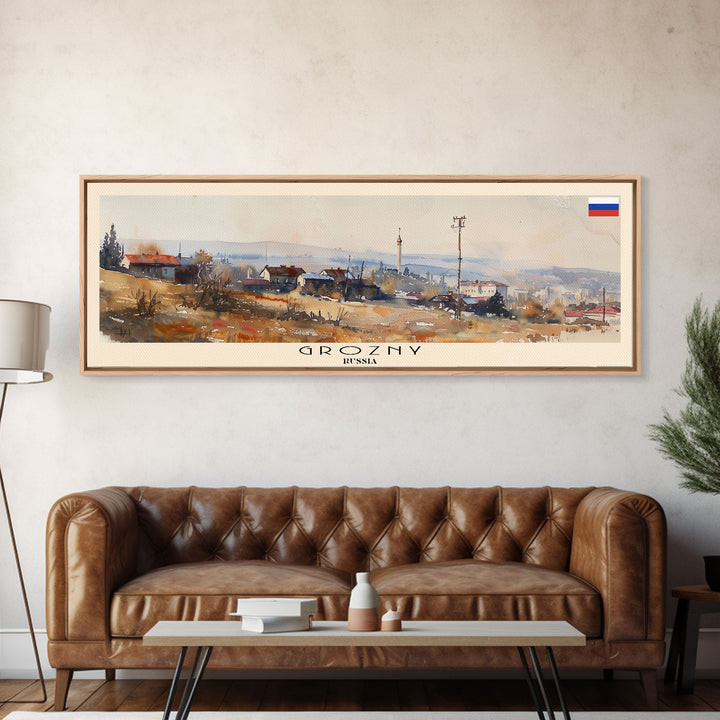 Grozny Russia Panoramic Travel Poster, Framed Canvas Print or Metal Wall Art, Travel Art, Home Decor, Panoramic Painting, Midcentury Art