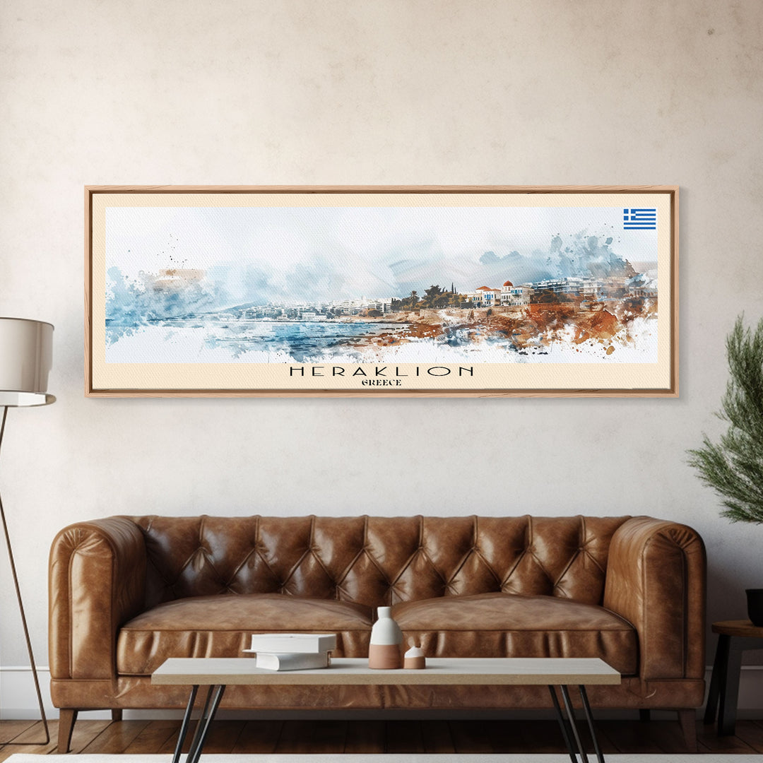 Heraklion Greece Panoramic Travel Poster, Framed Canvas Print or Metal Wall Art, Travel Art, Home Decor, Panoramic Painting, Midcentury Art